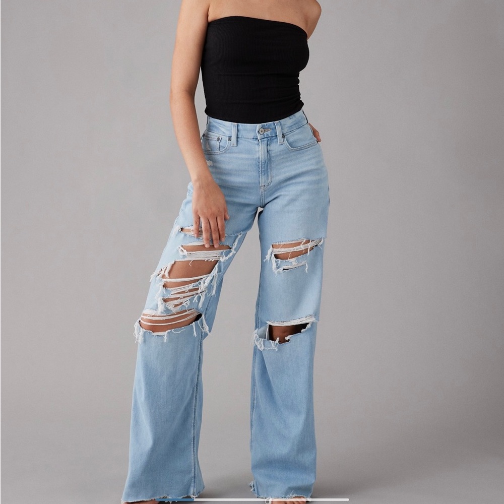 AE Dreamy Drape Hi Rise Wideleg Destroyed Jeans